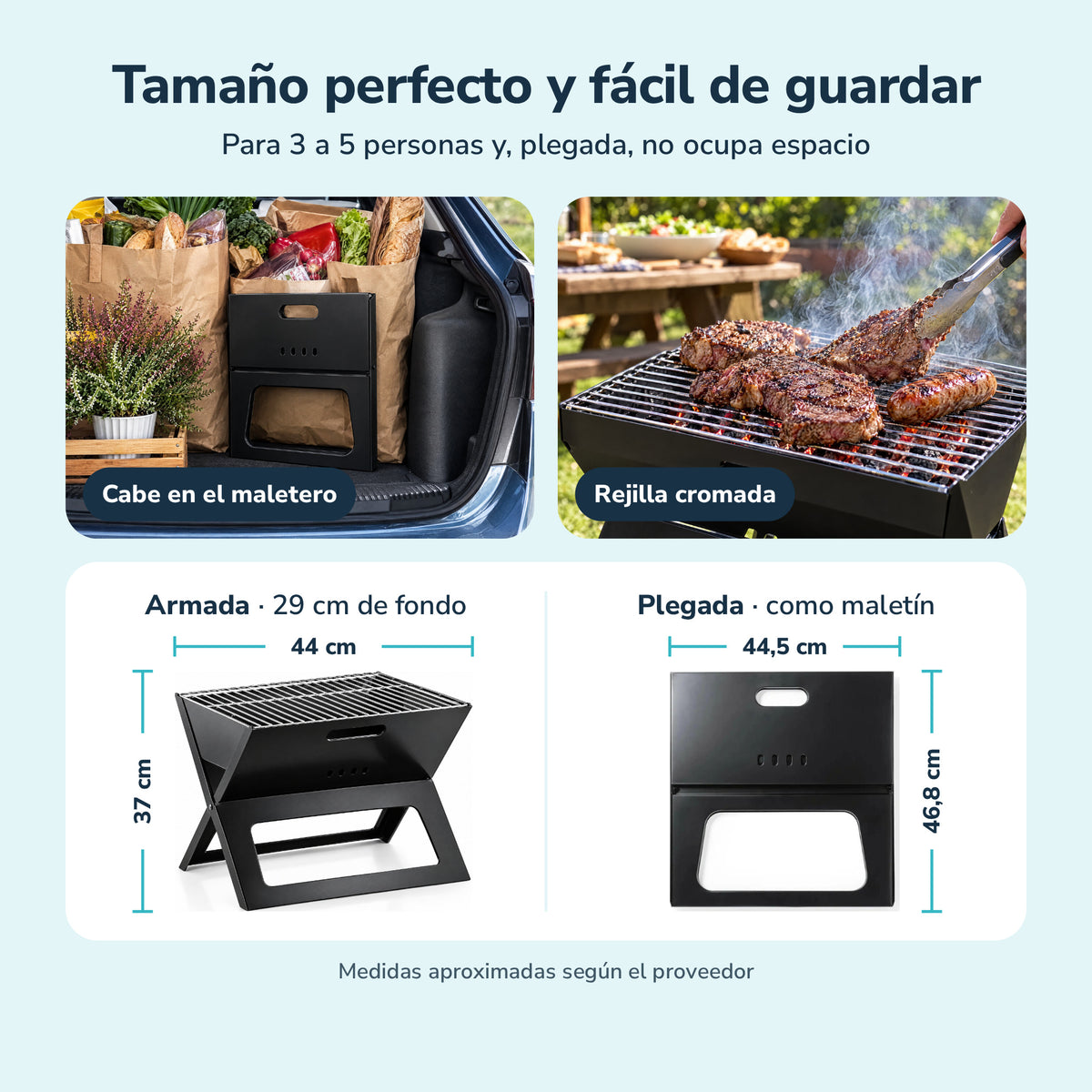 Tamaño perfecto y fácil de guardar: parrilla armada 44 × 29 × 37 cm y plegada 44,5 × 46,8 cm, medidas aproximadas según el proveedor (fotos ilustrativas)