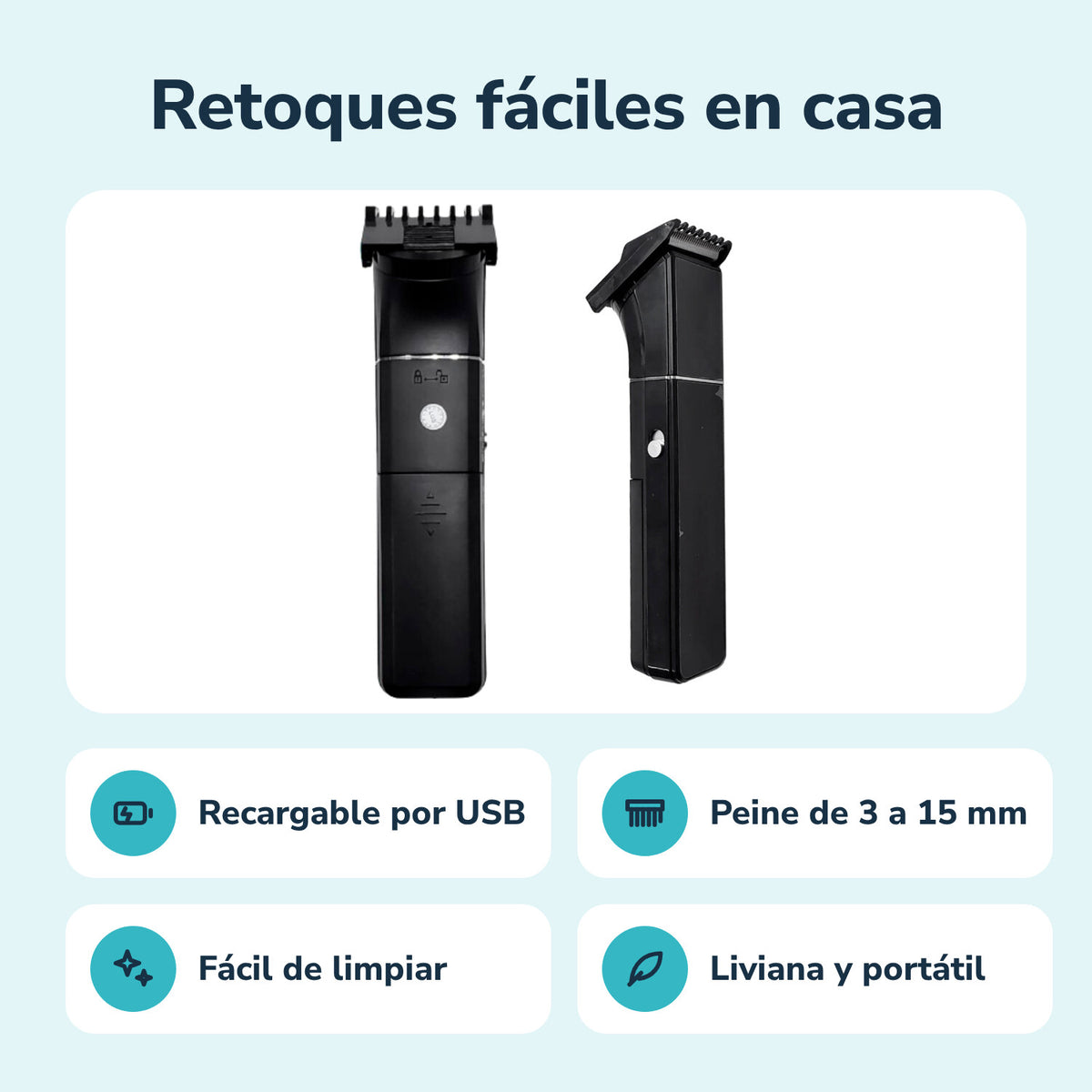 Características de la recortadora: recargable por USB, peine de 3 a 15 mm, fácil de limpiar, liviana y portátil