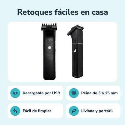 Características de la recortadora: recargable por USB, peine de 3 a 15 mm, fácil de limpiar, liviana y portátil