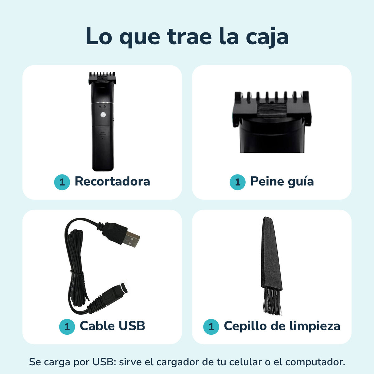 Lo que trae la caja: recortadora, peine guía, cable USB y cepillo de limpieza