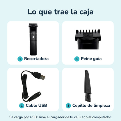Lo que trae la caja: recortadora, peine guía, cable USB y cepillo de limpieza