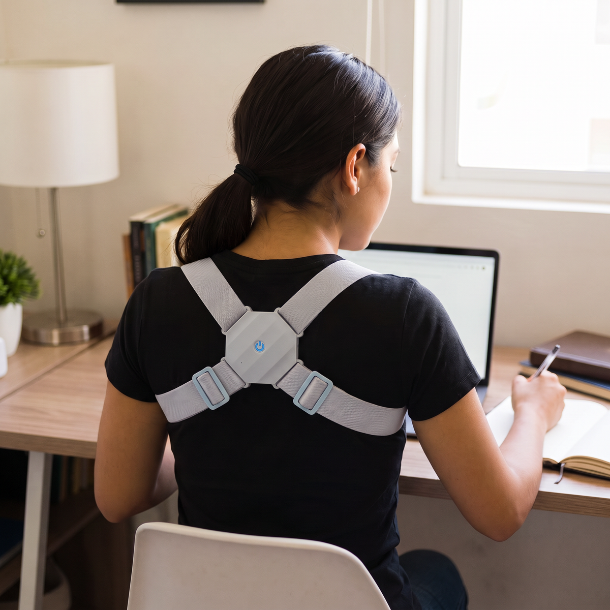 Mujer estudiando con la espalda derecha usando el corrector de postura inteligente sobre la polera (imagen ilustrativa)