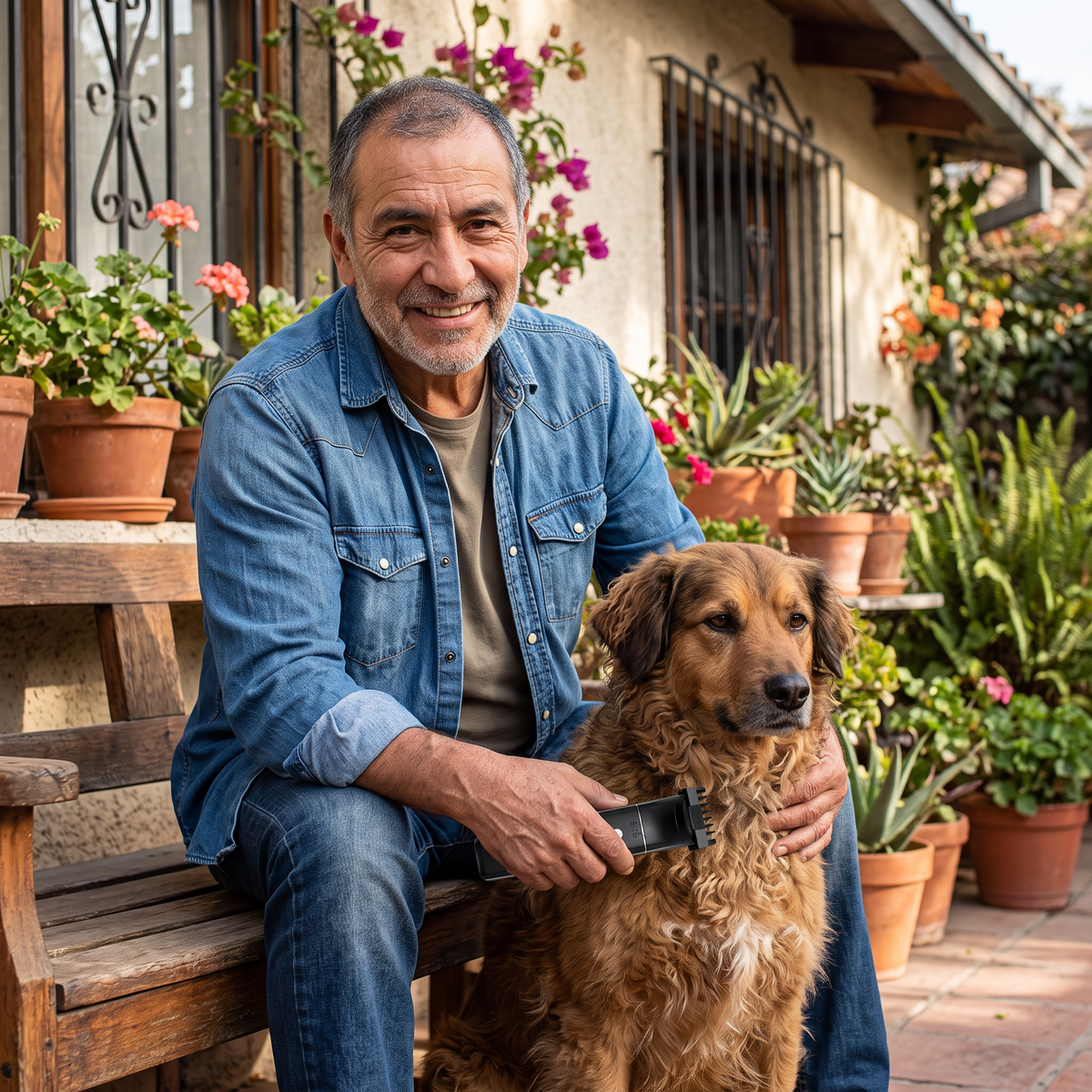 Hombre con su perro y la recortadora en el patio (imagen ilustrativa)