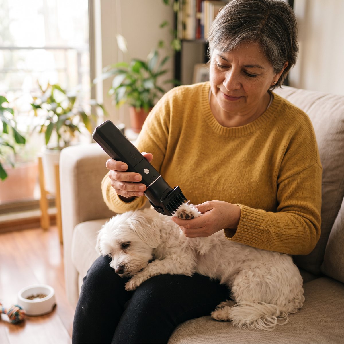 Mujer recortando el pelo de las patitas de su perro con la recortadora (imagen ilustrativa)