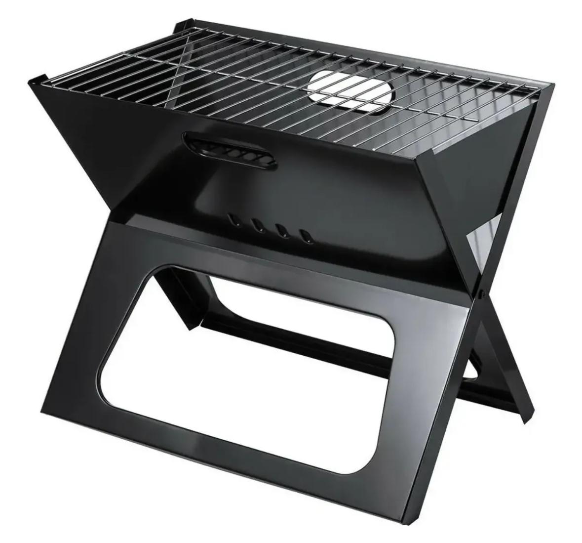 Parrilla portátil plegable a carbón negra con rejilla cromada