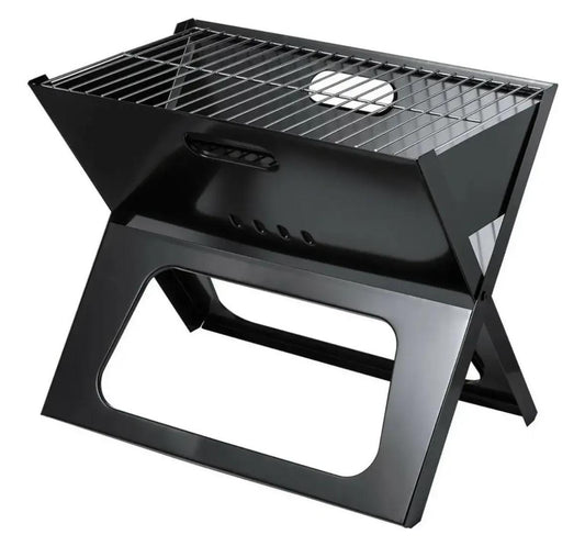 Parrilla portátil plegable a carbón negra con rejilla cromada