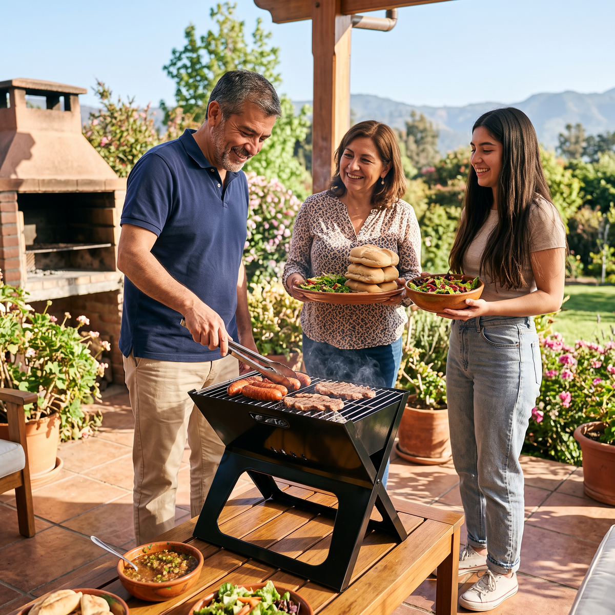 Familia haciendo un asado en la terraza con la parrilla plegable (imagen ilustrativa)