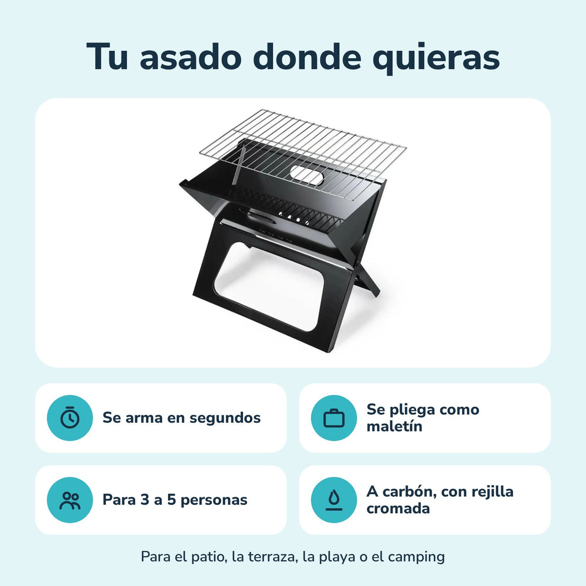 Tu asado donde quieras: se arma en segundos, se pliega como maletín, para 3 a 5 personas, a carbón con rejilla cromada