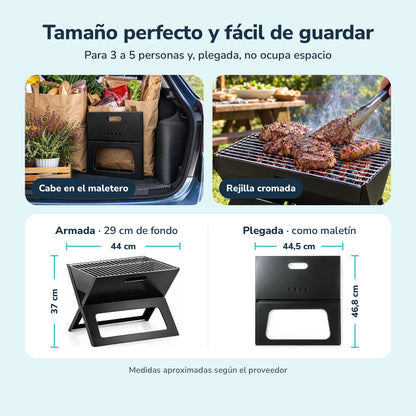 Tamaño perfecto y fácil de guardar: parrilla armada 44 × 29 × 37 cm y plegada 44,5 × 46,8 cm, medidas aproximadas según el proveedor (fotos ilustrativas)