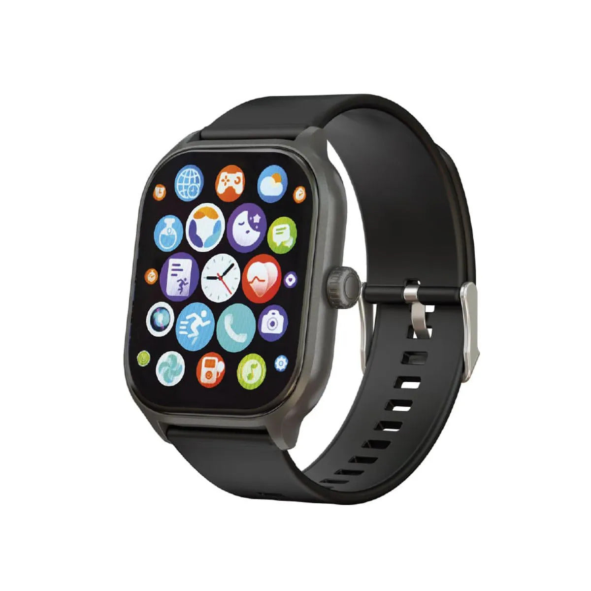 Reloj inteligente negro con correa de silicona y pantalla encendida