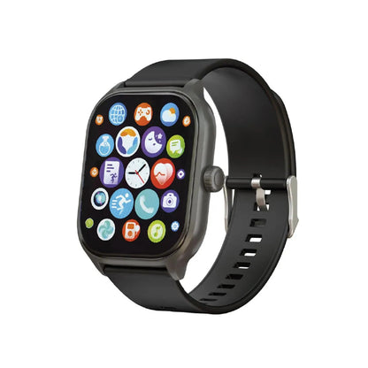 Reloj inteligente negro con correa de silicona y pantalla encendida