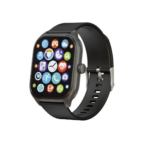 Reloj inteligente negro con correa de silicona y pantalla encendida