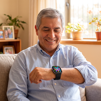 Hombre de unos 60 años mirando un mensaje en su reloj inteligente en el sillón (imagen ilustrativa)