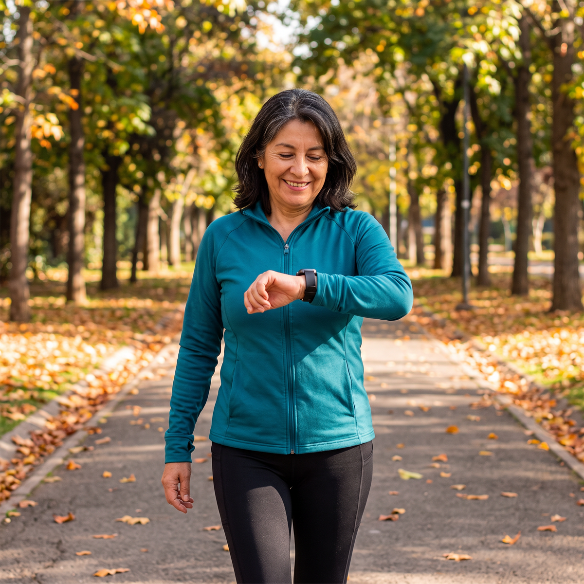 Mujer de unos 58 años caminando en el parque con su reloj inteligente (imagen ilustrativa)