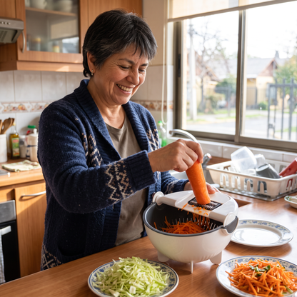 Mujer de unos 55 años rallando zanahoria sobre el rallador con escurridor en su cocina (imagen ilustrativa)