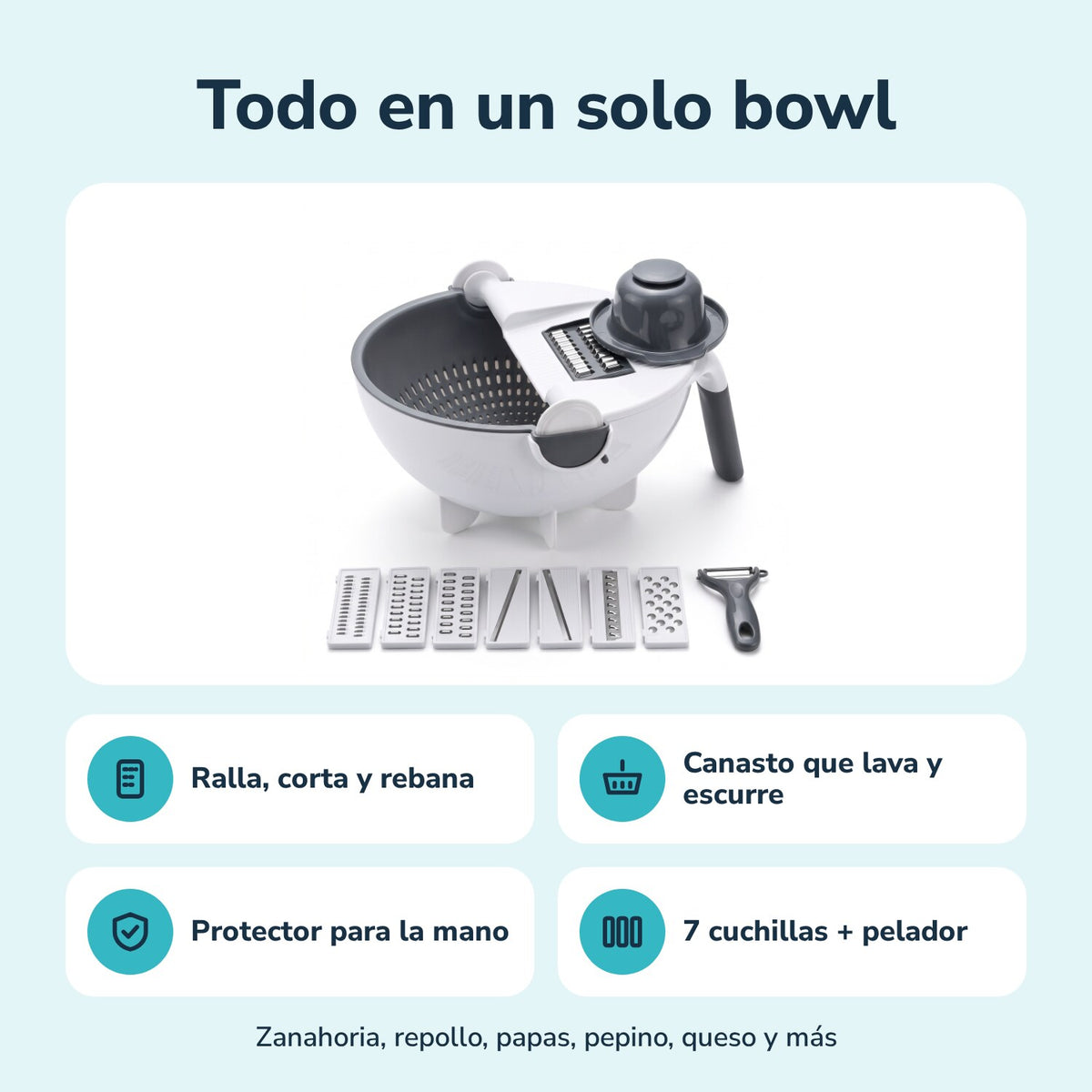 Todo en un solo bowl: ralla, corta y rebana, canasto que lava y escurre, protector para la mano y 7 cuchillas con pelador
