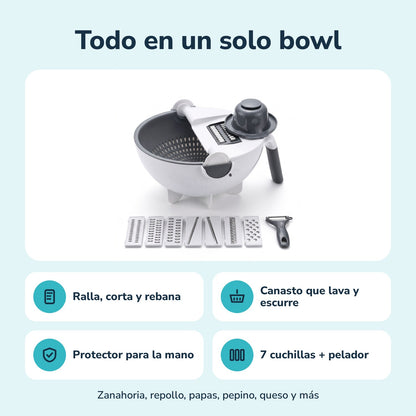 Todo en un solo bowl: ralla, corta y rebana, canasto que lava y escurre, protector para la mano y 7 cuchillas con pelador