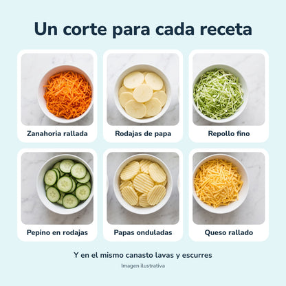 Un corte para cada receta: zanahoria rallada, rodajas de papa, repollo fino, pepino, papas onduladas y queso rallado (imagen ilustrativa)