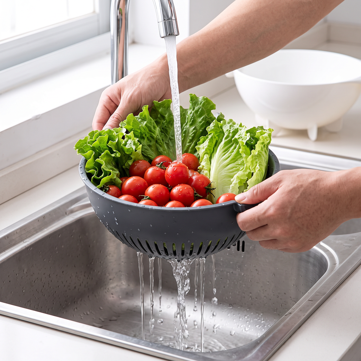 Manos lavando tomates cherry y lechuga en el canasto escurridor bajo la llave (imagen ilustrativa)